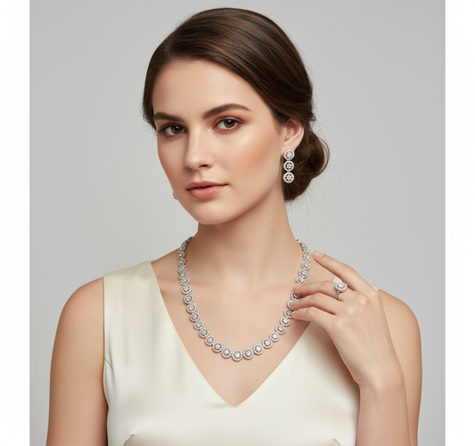 Elegant Silver Cubic Zirconia Half Set – Necklace, Earrings & Ring