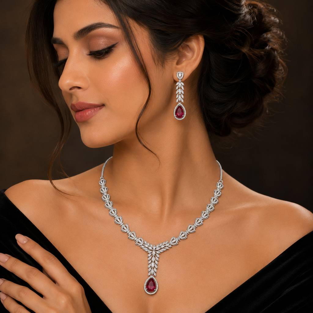 Luxury Crystal Drop Necklace & Earring Set for Women | طقم عقد وأقراط فاخر للنساء