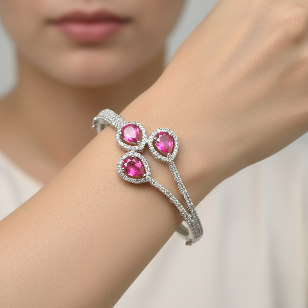 Elegant Silver Bracelet with Red Stones & Cubic Zirconia – Wedding & Party Collection