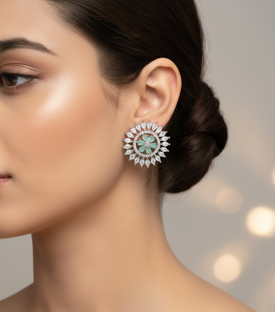 Sparkling Floral Stud Earrings with Green Gemstone Center