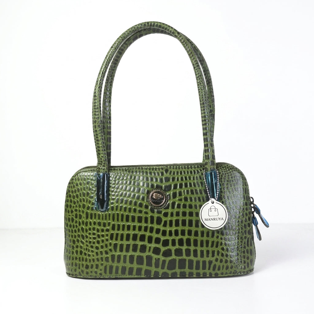 Manruya Green Croc Texture Shoulder Handbag | حقيبة كتف مانرويا الخضراء بنقشة التمساح
