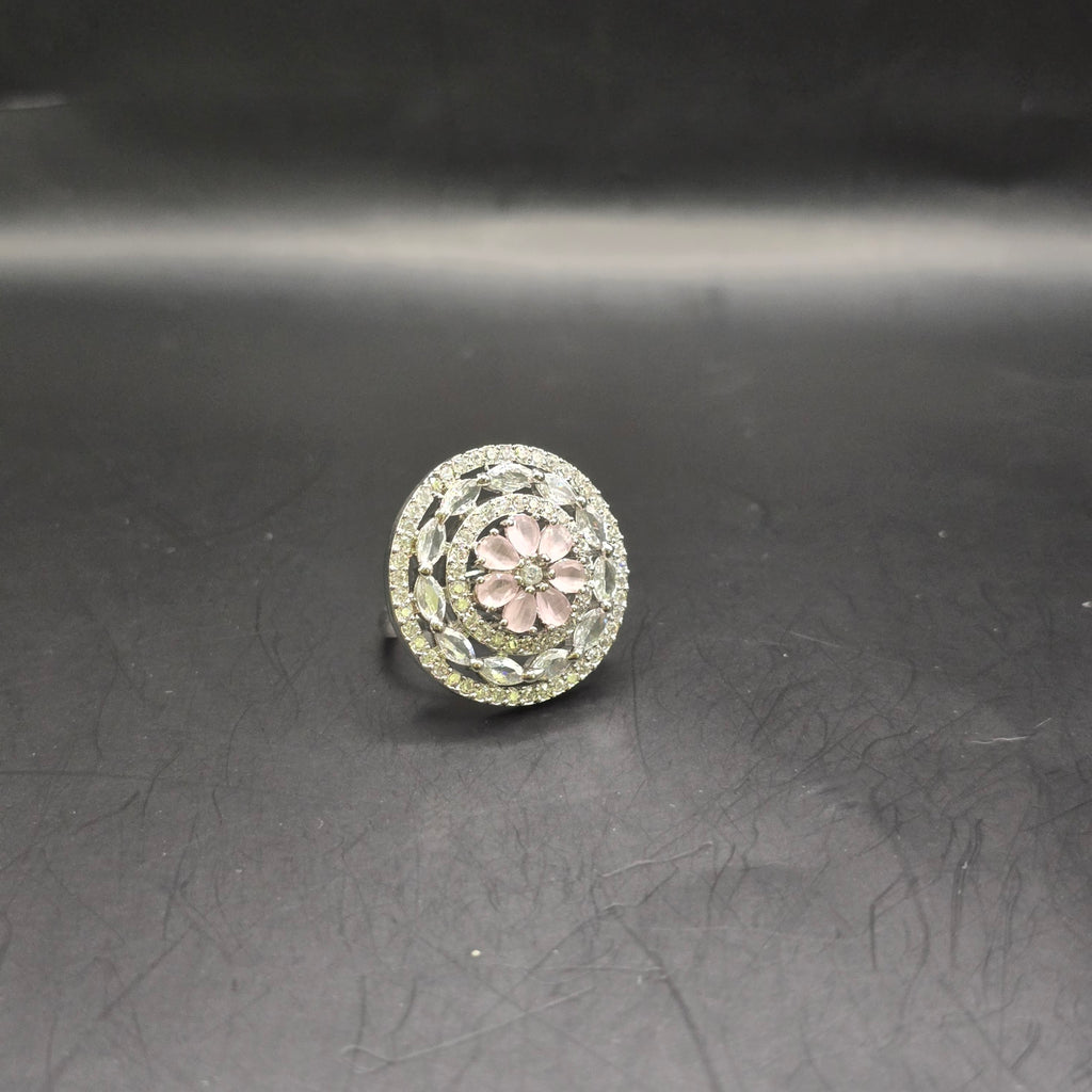 Manruya Pink Blossom Halo Statement Ring - Rhodium-Plated Adjustable Cocktail Ring