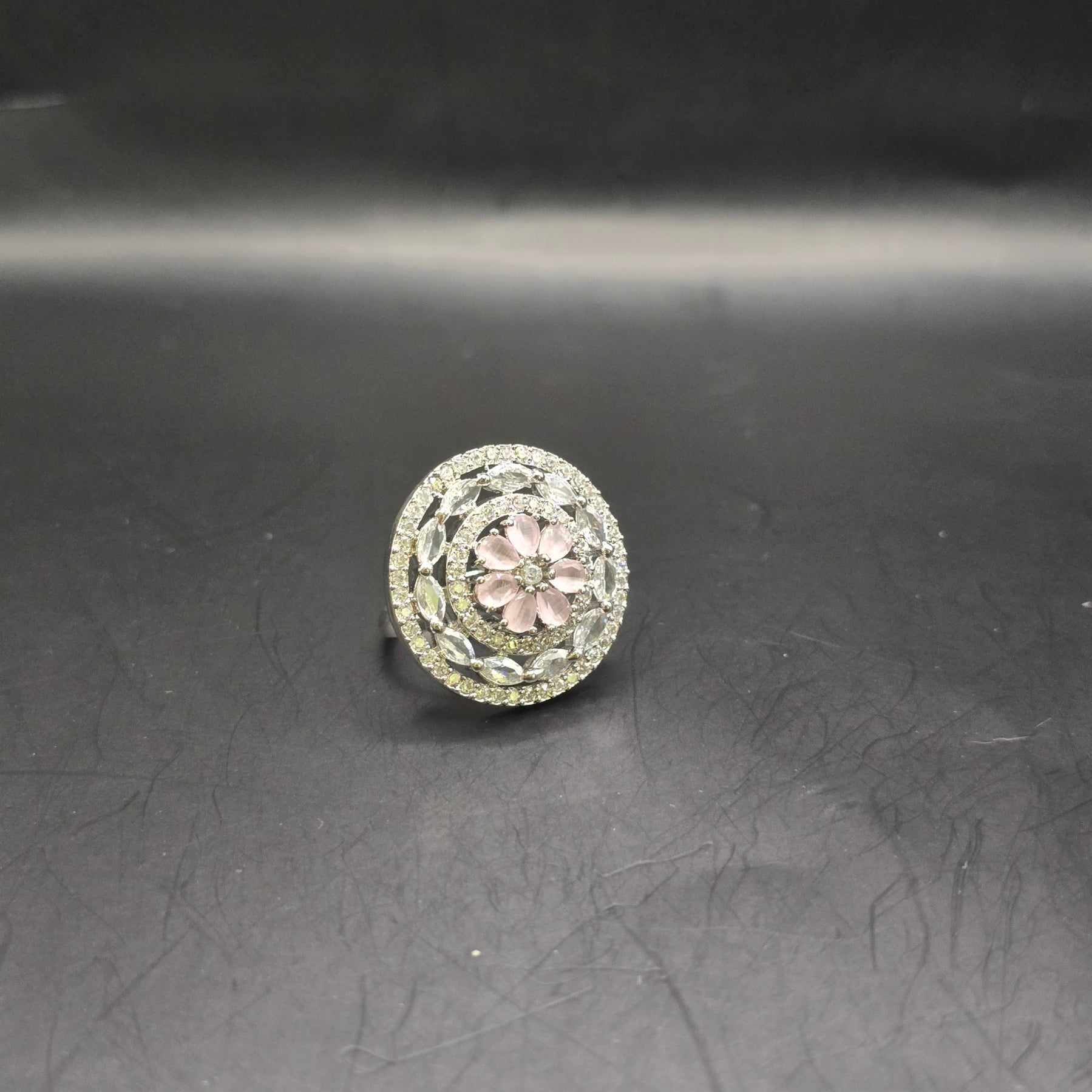 Manruya Pink Blossom Halo Statement Ring - Rhodium-Plated Adjustable Cocktail Ring