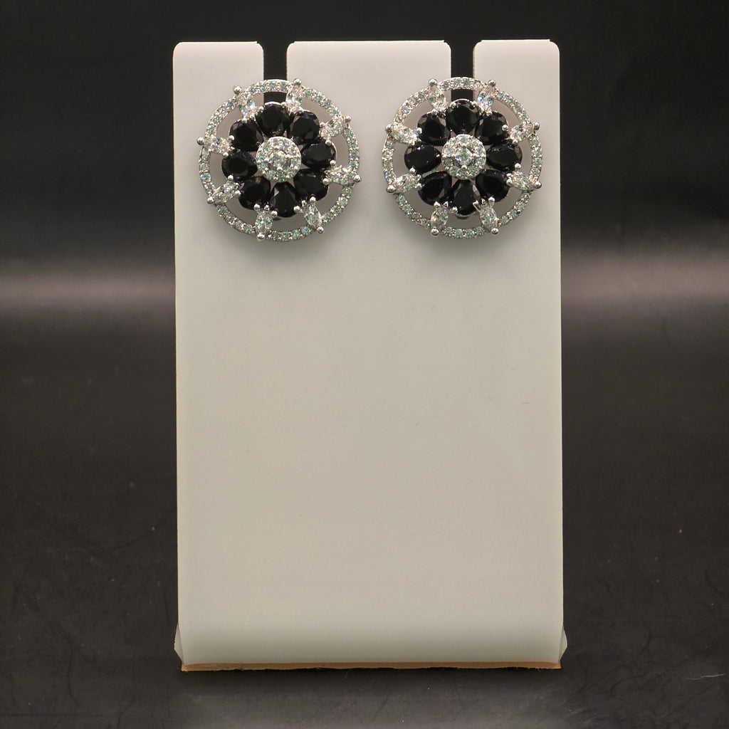 Midnight Black Onyx CZ Floral Wheel Stud Earrings – Luxury Round Statement Tops | أقراط زركون سوداء