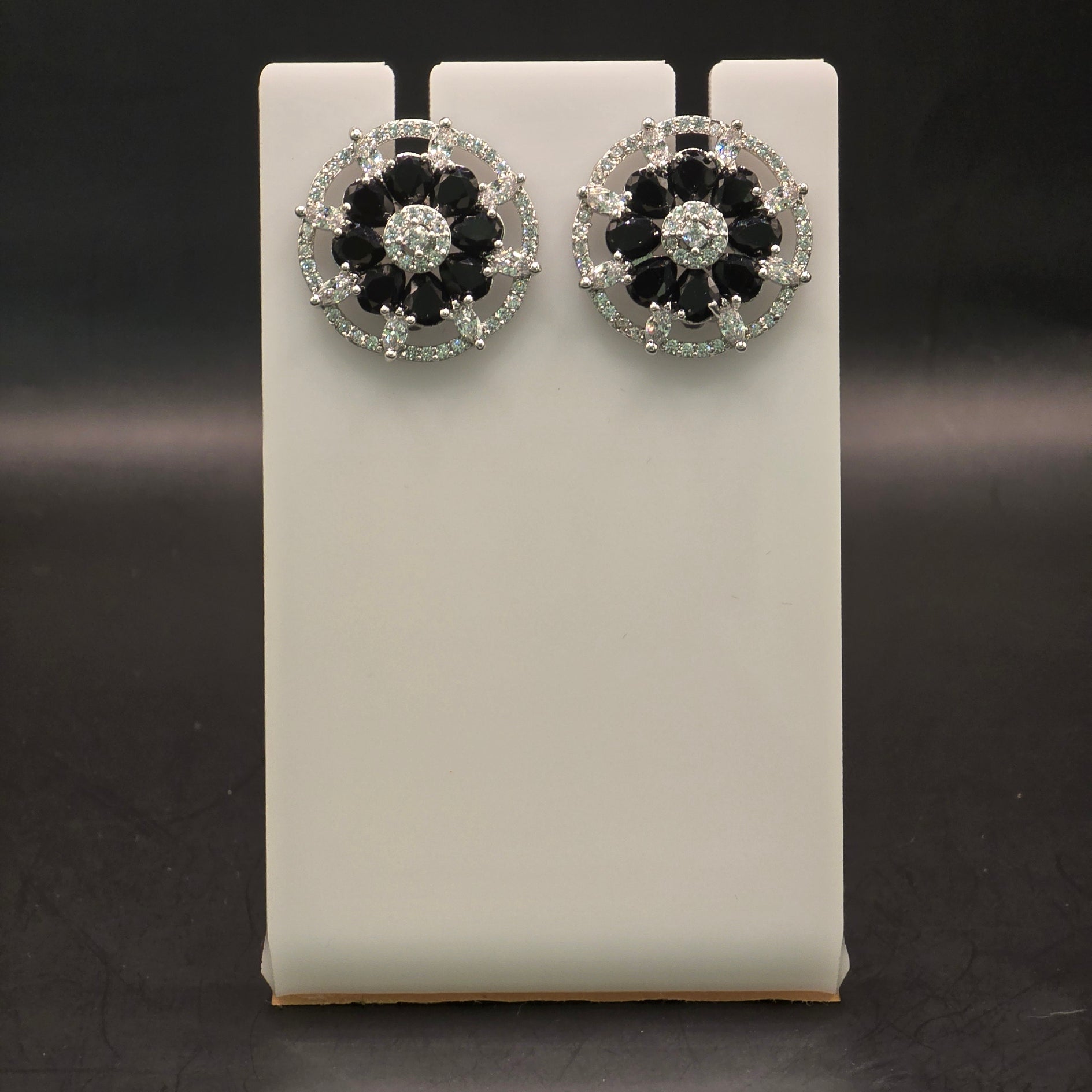 Midnight Black Onyx CZ Floral Wheel Stud Earrings – Luxury Round Statement Tops | أقراط زركون سوداء