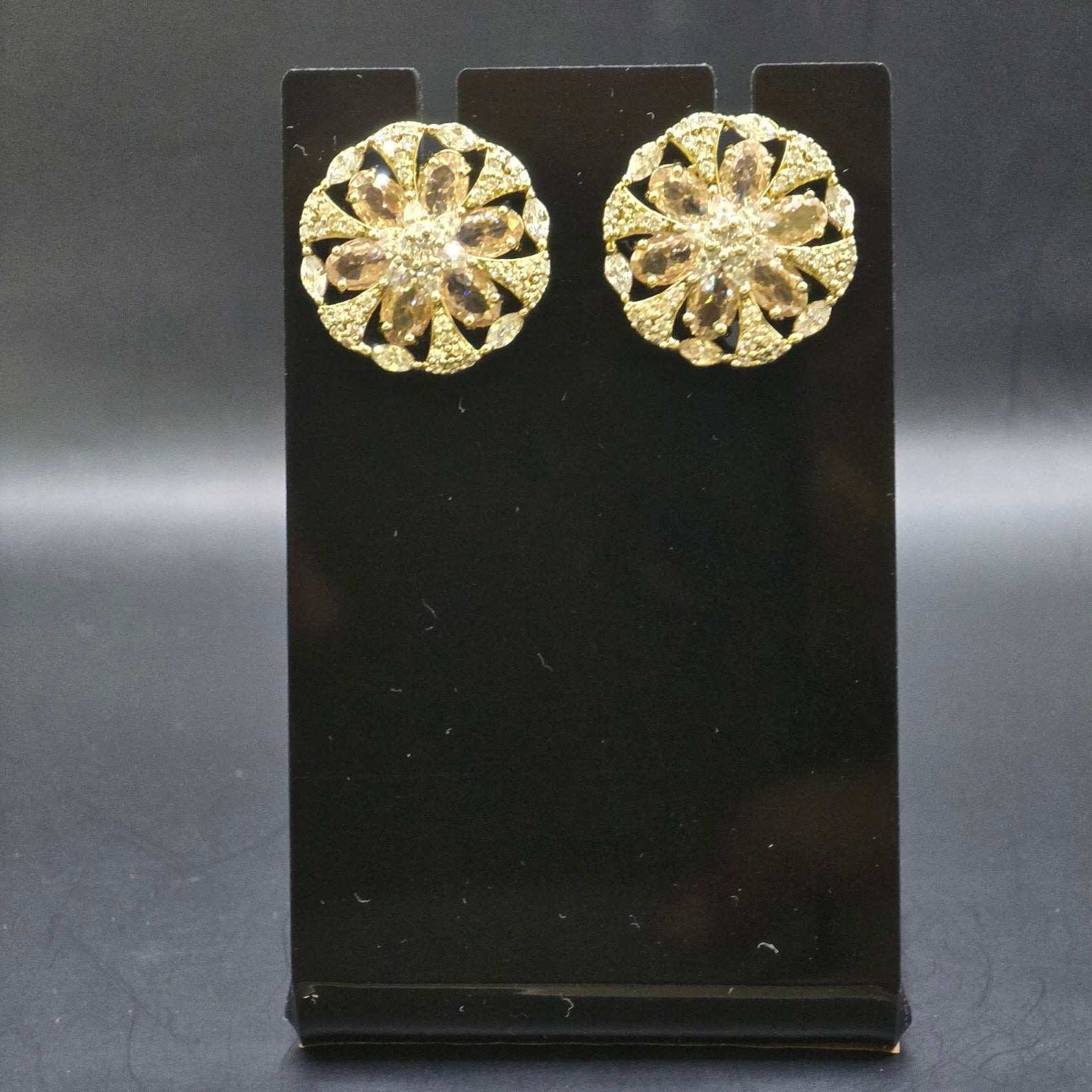 Gold Plated Smoky Quartz CZ Floral Wheel Stud Earrings – Vintage Statement Tops | أقراط زركون دائرية عتيقة