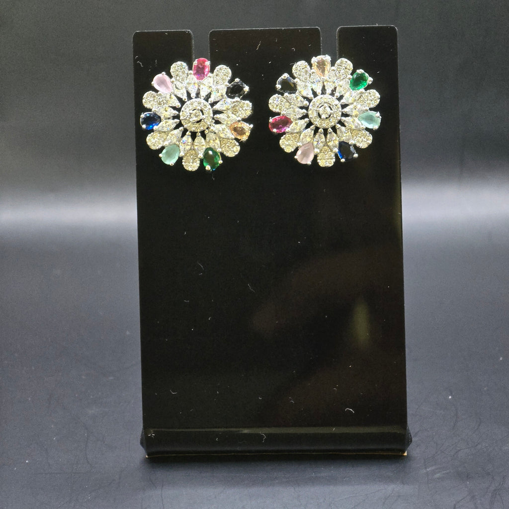 Silver Plated Multi-Color CZ Kaleidoscope Stud Earrings – Luxury Floral Mosaic Statement Tops | أقراط زركون ملونة فاخرة