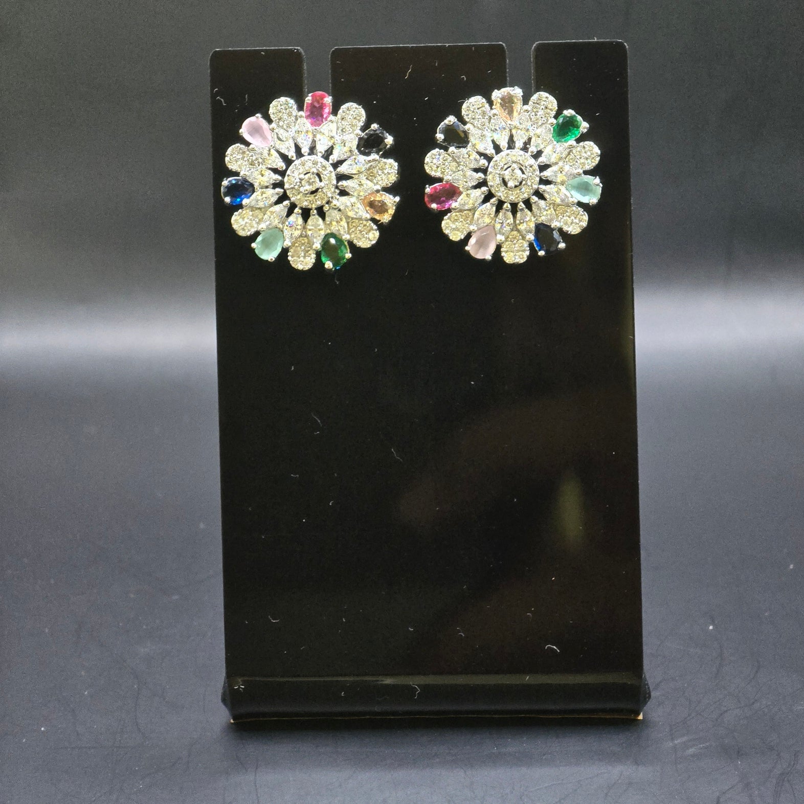 Silver Plated Multi-Color CZ Kaleidoscope Stud Earrings – Luxury Floral Mosaic Statement Tops | أقراط زركون ملونة فاخرة