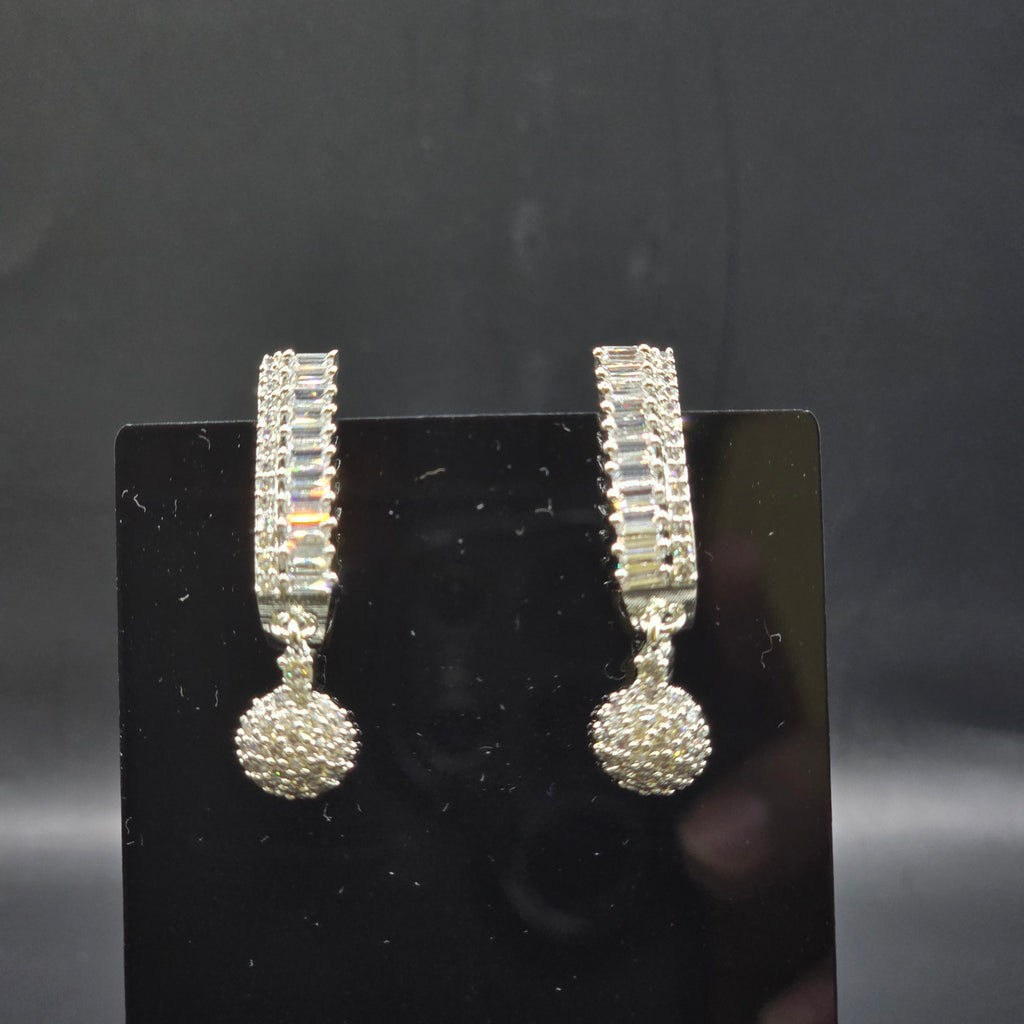 Silver Rhodium CZ Baguette Hoop Drop Ball Earrings – Luxury Disco Orb Danglers | أقراط زركون دائرية متدلية