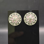 Silver Rhodium Pink Rose Quartz CZ Mandala Stud Earrings – Luxury Round Wheel Tops | أقراط زركون دائرية وردية