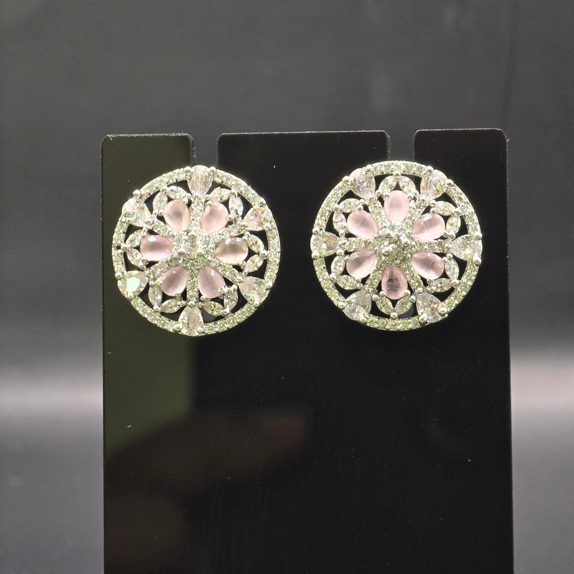 Silver Rhodium Pink Rose Quartz CZ Mandala Stud Earrings – Luxury Round Wheel Tops | أقراط زركون دائرية وردية