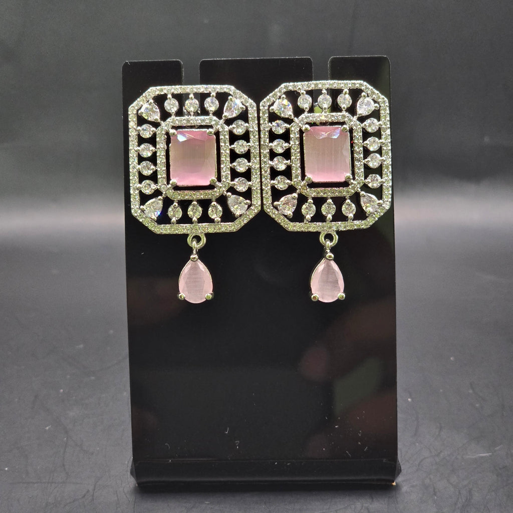 Silver Rhodium Pink Quartz CZ Emerald-Cut Stud Earrings – Luxury Geometric Drop Tops | أقراط زركون وردية
