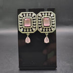 Silver Rhodium Pink Quartz CZ Emerald-Cut Stud Earrings – Luxury Geometric Drop Tops | أقراط زركون وردية