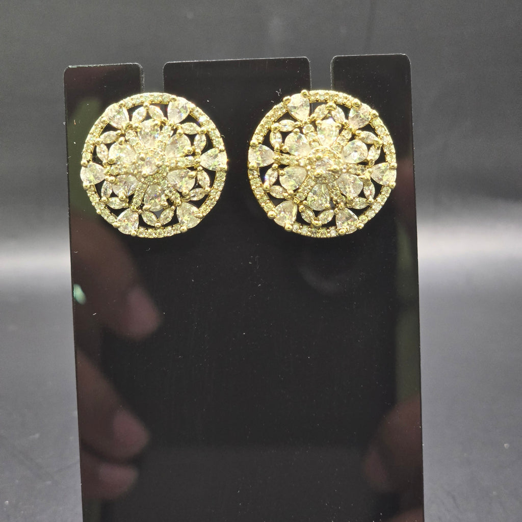 Premium Gold-Toned Imitation CZ Arabesque Blossom Stud Earrings – Luxury Round Statement Tops | أقراط زركون تقليد درجة أولى