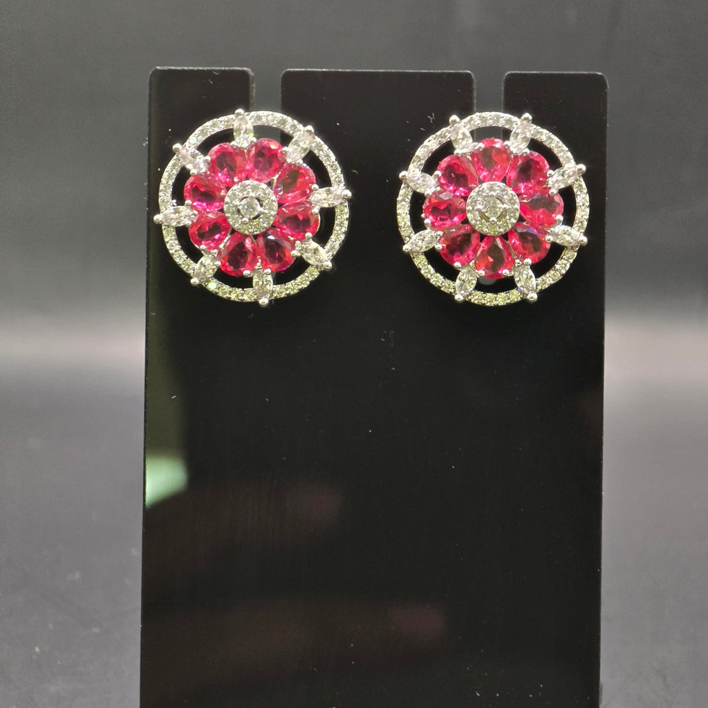Silver-Plated Ruby Red CZ Floral Wheel Stud Earrings – Luxury Geometric Statement Tops | أقراط زركون حمراء فاخرة