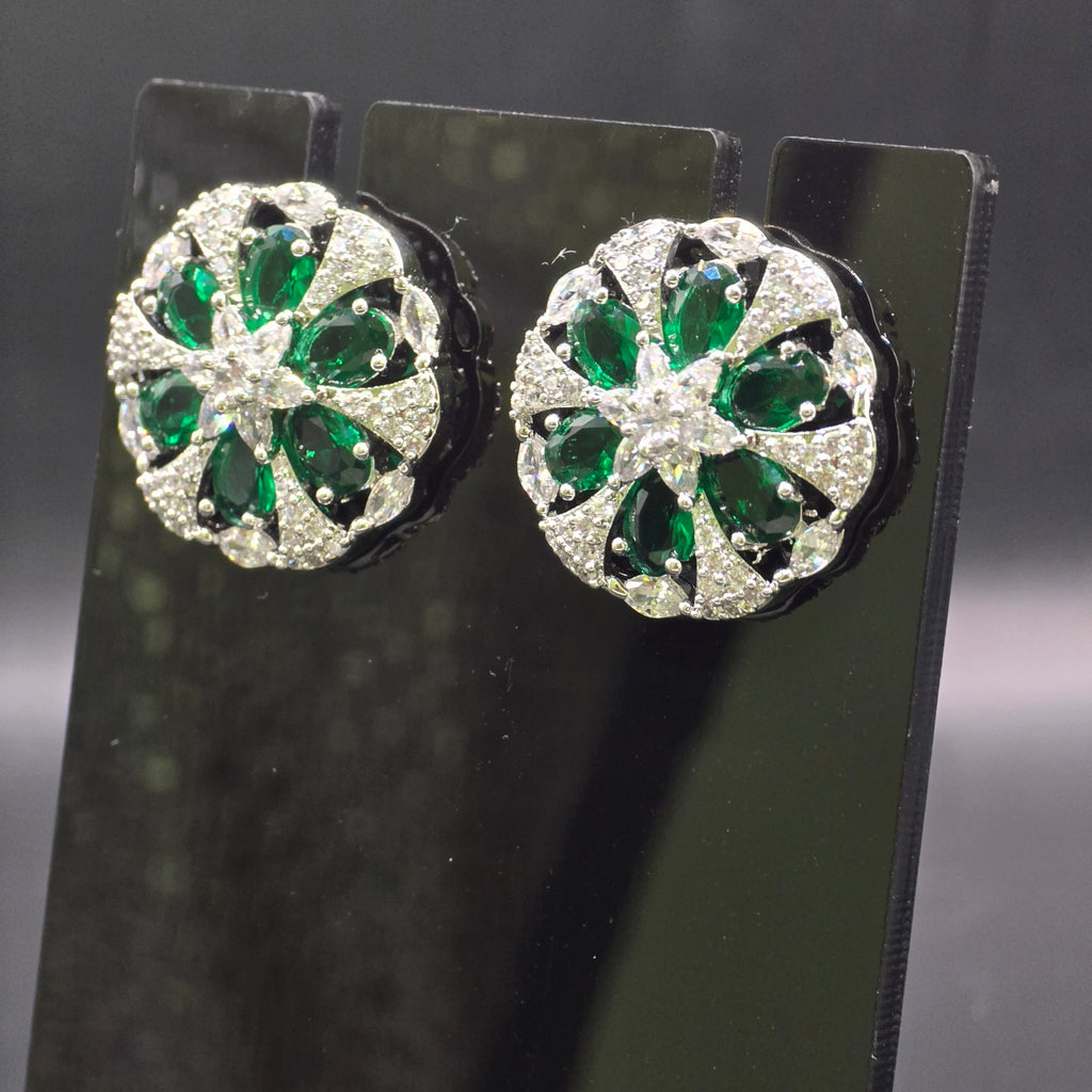 Manruya Premium Silver-Plated Mint Green CZ Floral Stud Earrings – Luxury Wheel Statement Tops | أقراط زركون خضراء فاخرة
