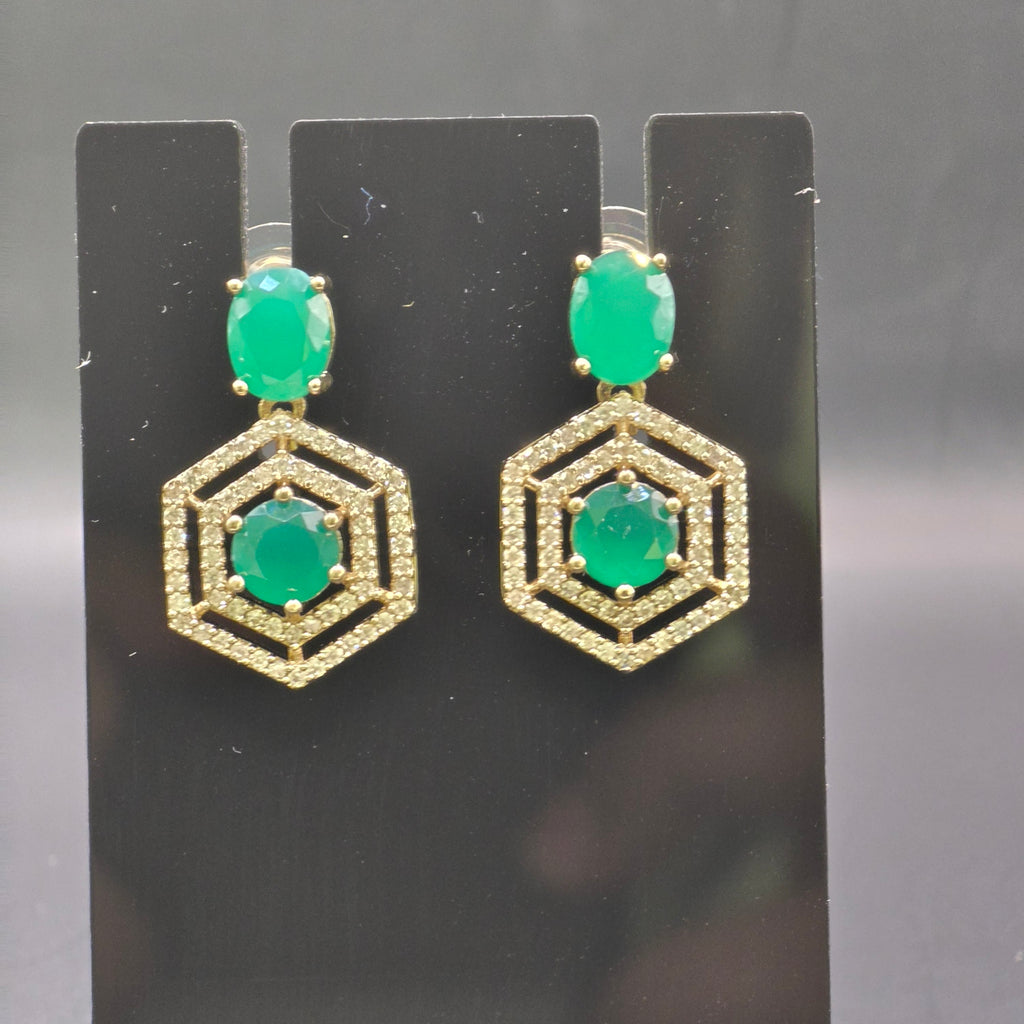 Manruya Premium Gold-Toned Green Onyx CZ Hexagon Drop Earrings – Luxury Geometric Danglers | أقراط زركون خضراء هندسية