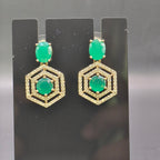 Manruya Premium Gold-Toned Green Onyx CZ Hexagon Drop Earrings – Luxury Geometric Danglers | أقراط زركون خضراء هندسية