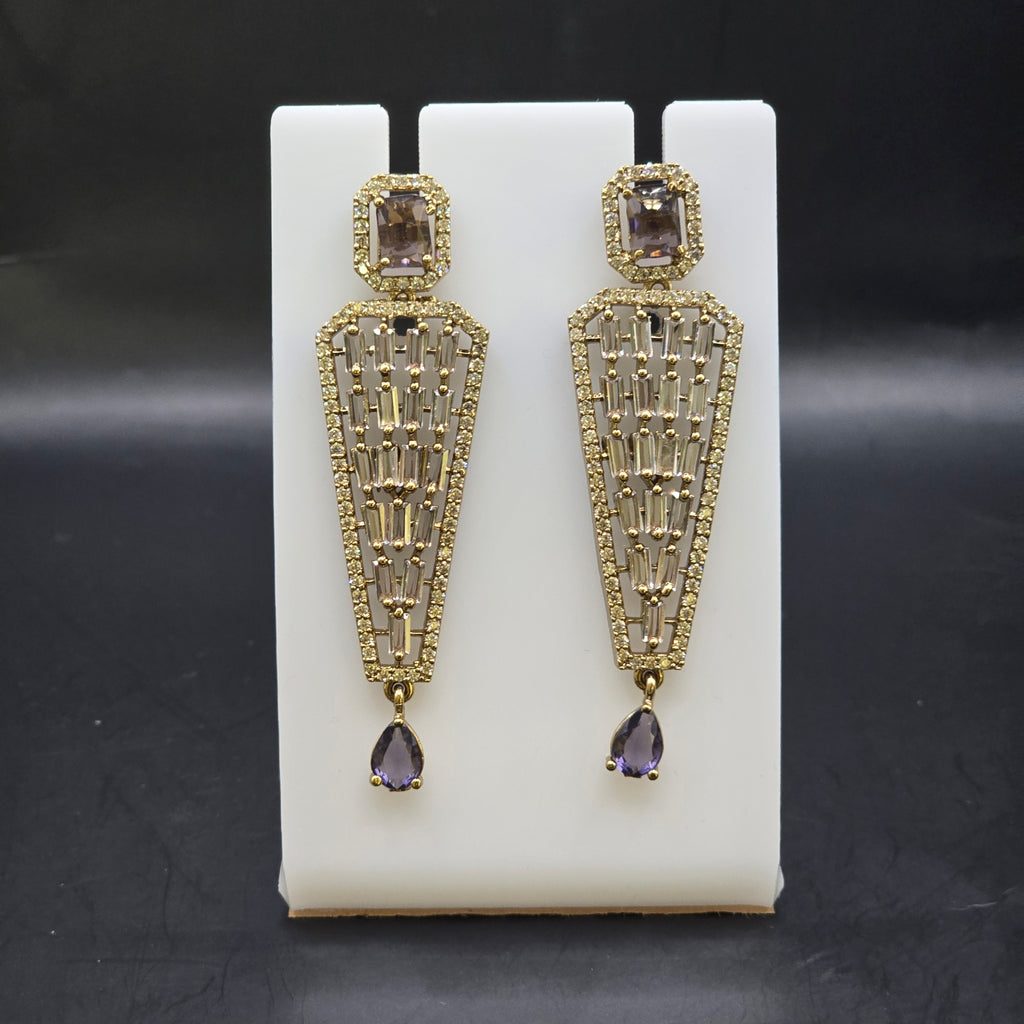Manruya Antique Gold Amethyst & Baguette Drop Earrings - أقراط الأرجوان الفاخرة