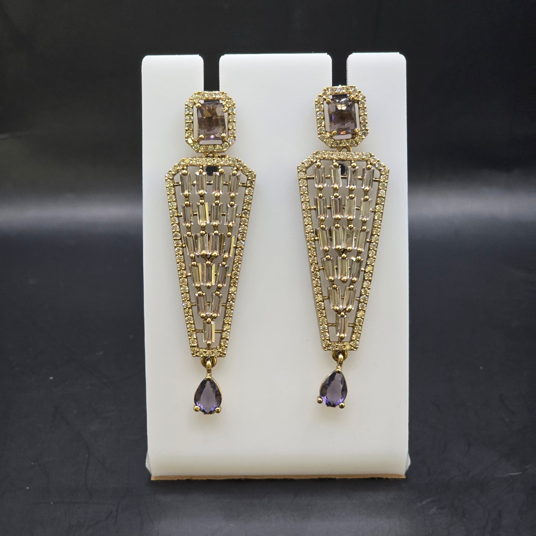 Manruya Antique Gold Amethyst & Baguette Drop Earrings - أقراط الأرجوان الفاخرة