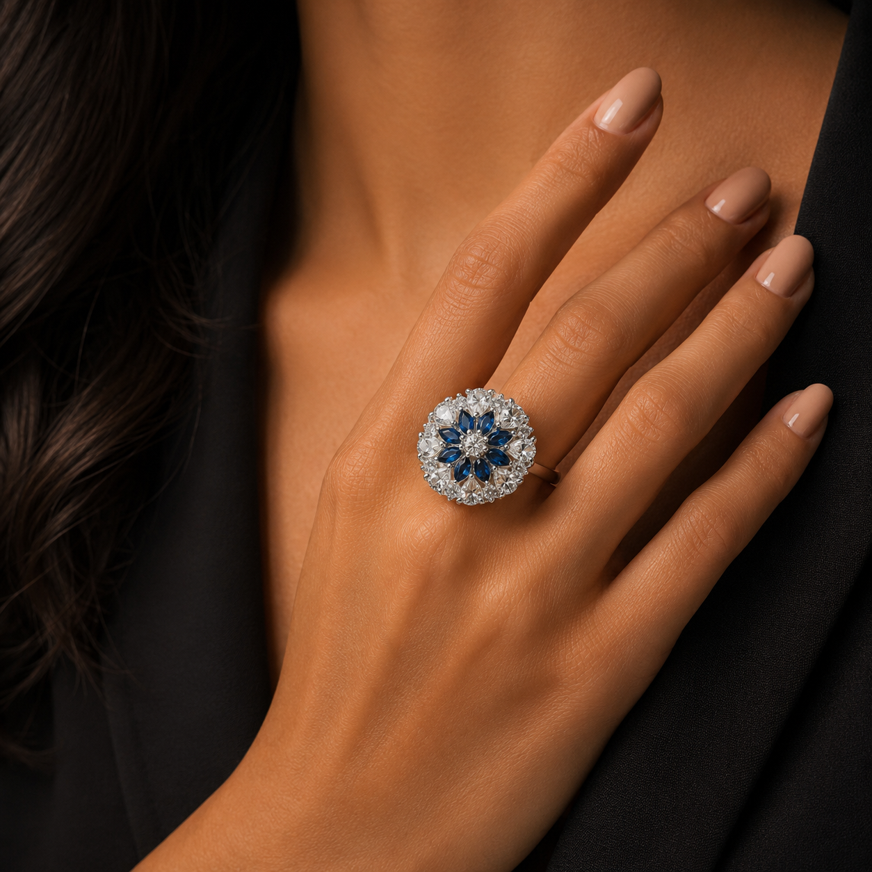 Silver Blue Floral Statement Ring for Women | خاتم فضي فاخر بحجر أزرق