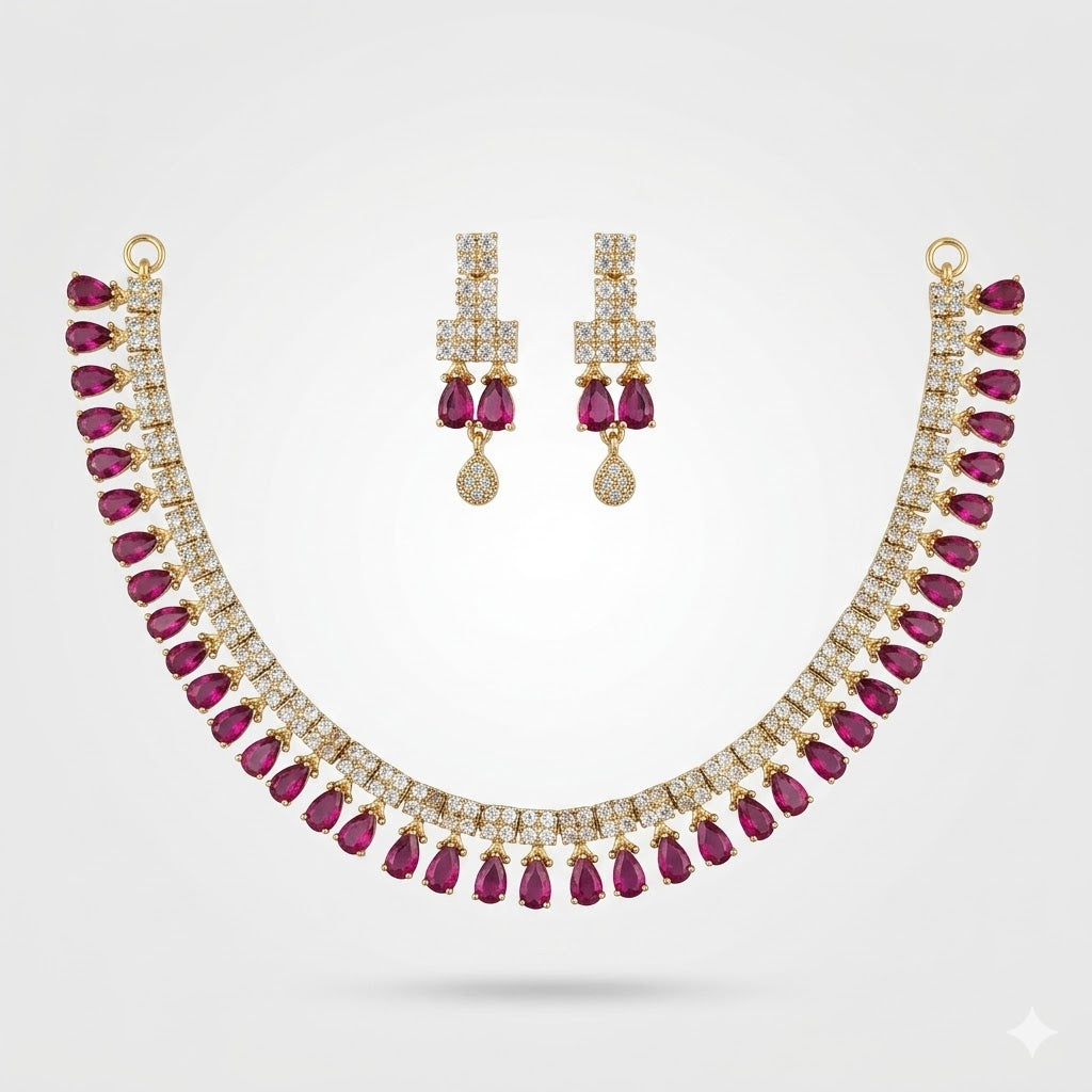 Victorian Ruby Drop Necklace & Earring Set for Women | طقم عقد وأقراط فيكتوري فاخر بحجر روبي للنساء