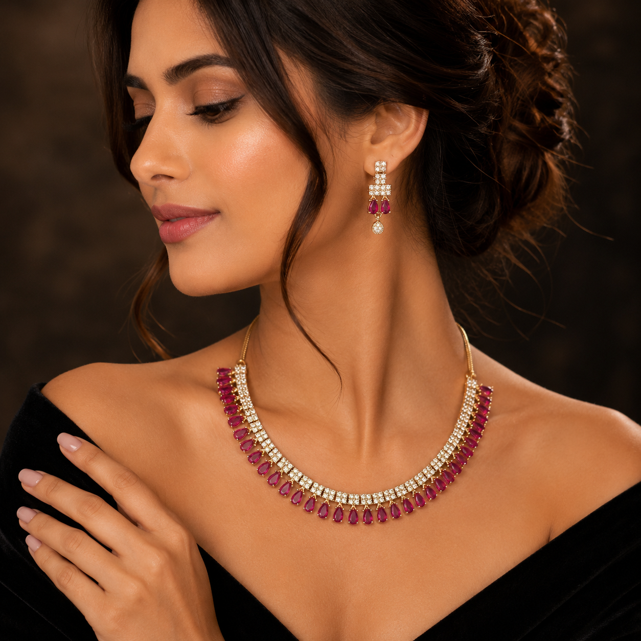Victorian Ruby Drop Necklace & Earring Set for Women | طقم عقد وأقراط فيكتوري فاخر بحجر روبي للنساء