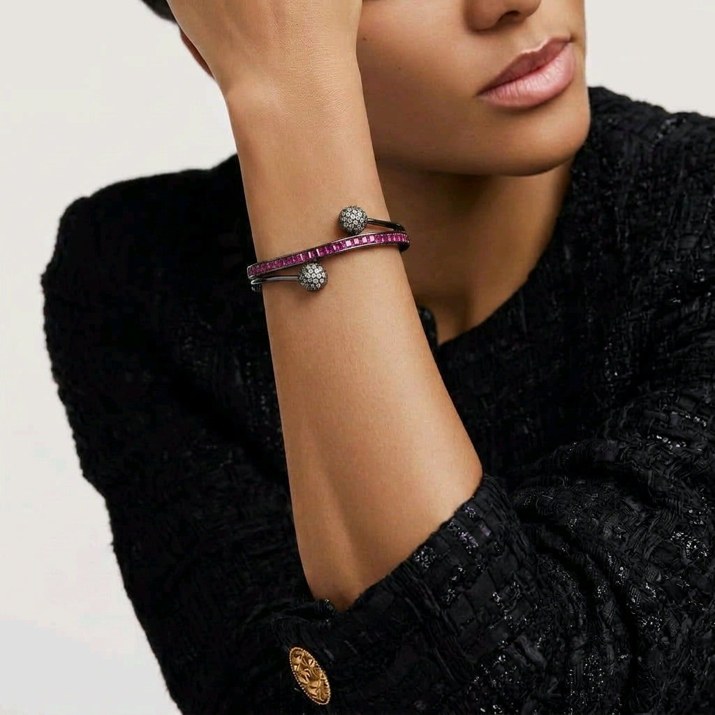 Modern Oxidized Ruby & Diamond-Style Cuff Bangle | سوار كفة عصري مرصع بالياقوت والألماس المؤكسد