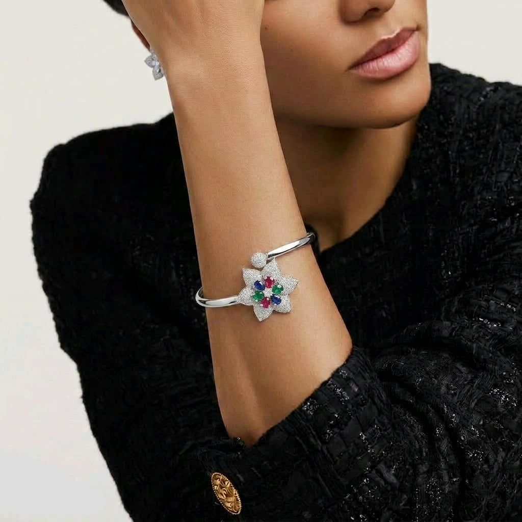 Celestial Flora Tri-Tone Silver Bracelet | سوار الزهور الثلاثي بألوان الزمرد والياقوت الأزرق والأحمر