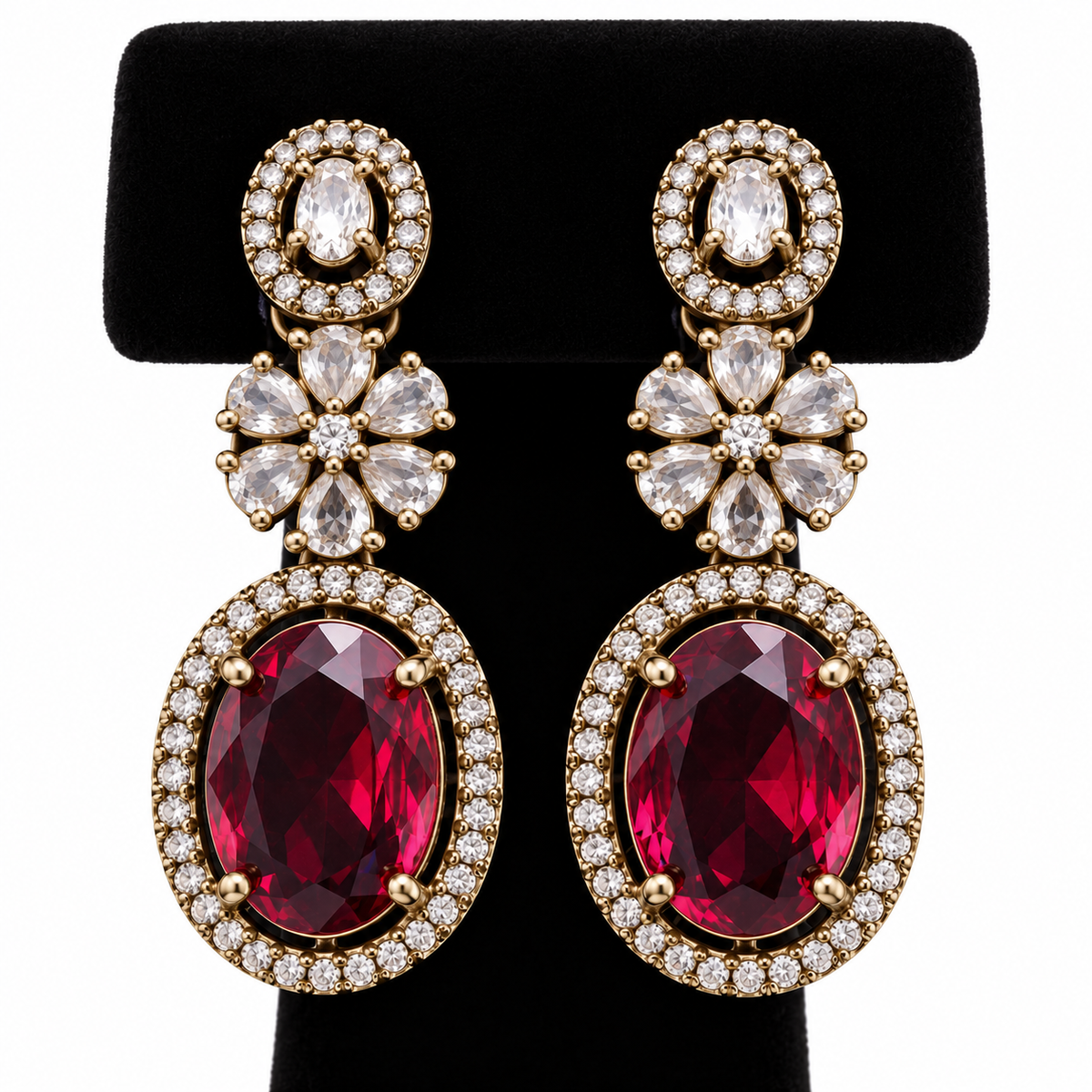 Ruby Red Crystal Necklace & Earrings Set – Gold-Tone Floral Design | طقم عقد وأقراط كريستالي أحمر ياقوتي بتصميم زهري ولون ذهبي