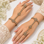 Floral Kaf Bracelet Set of 2 Pieces with Connected Ring | طقم كف خليجي بتصميم زهري من قطعتين مع خاتم متصل بسوار