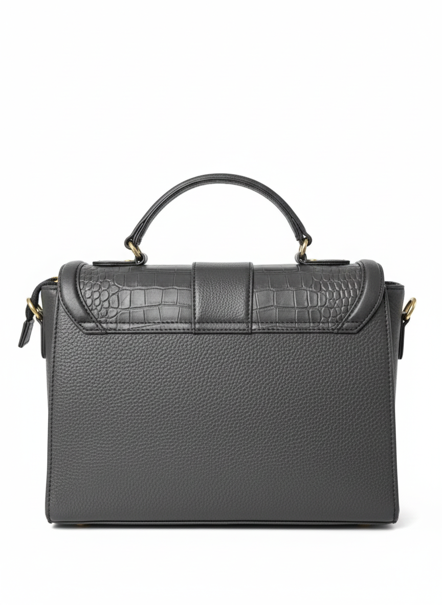 Grey Flap Croc Structured Handbag