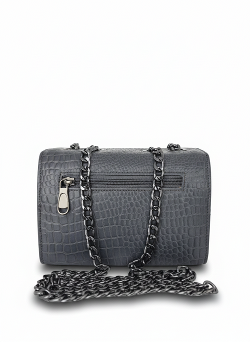 Chic Slate Grey Croc-Embossed Chain Crossbody | حقيبة كروس بودي رمادية بنقشة جلد التمساح