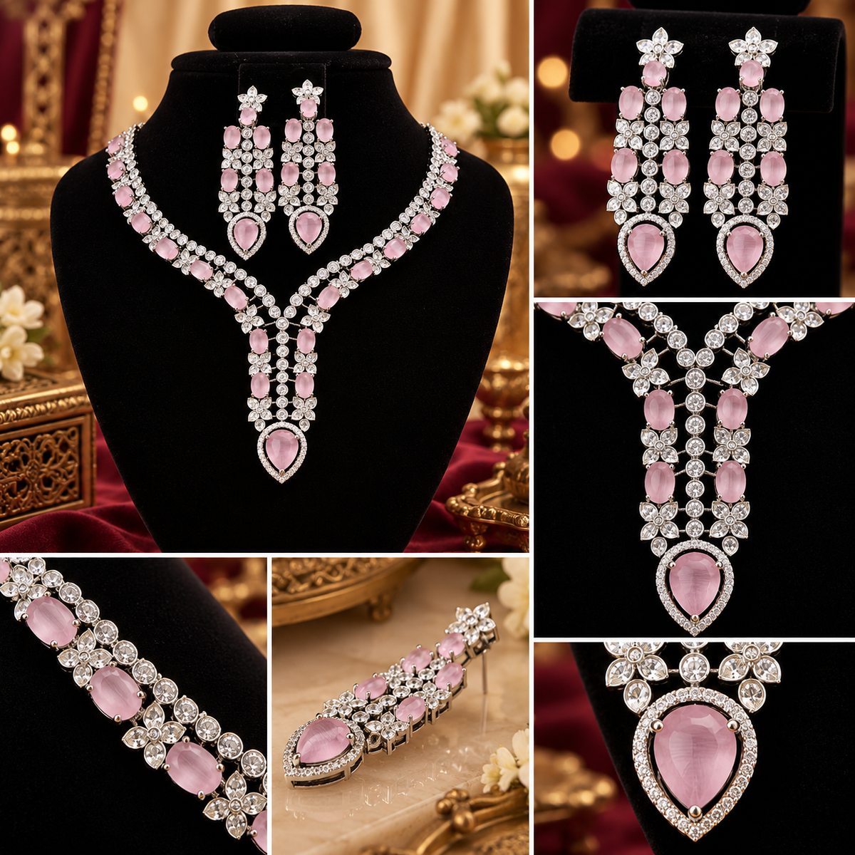 Elegant Crystal Chandelier Necklace & Earrings Set | طقم عقد وأقراط كريستالي أنيق بتصميم متدلي
