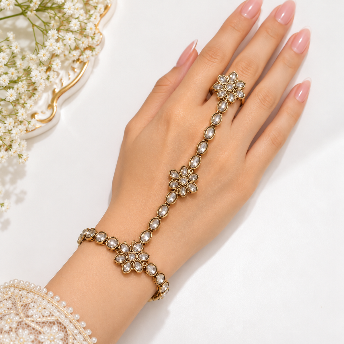 Floral Kaf Bracelet Set of 2 Pieces with Connected Ring | طقم كف خليجي بتصميم زهري من قطعتين مع خاتم متصل بسوار