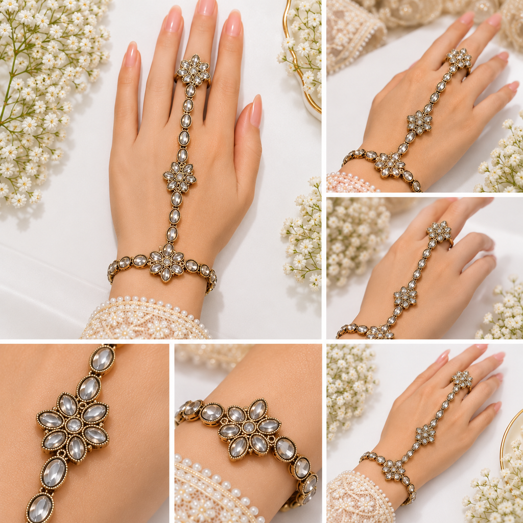 Floral Kaf Bracelet Set of 2 Pieces with Connected Ring | طقم كف خليجي بتصميم زهري من قطعتين مع خاتم متصل بسوار