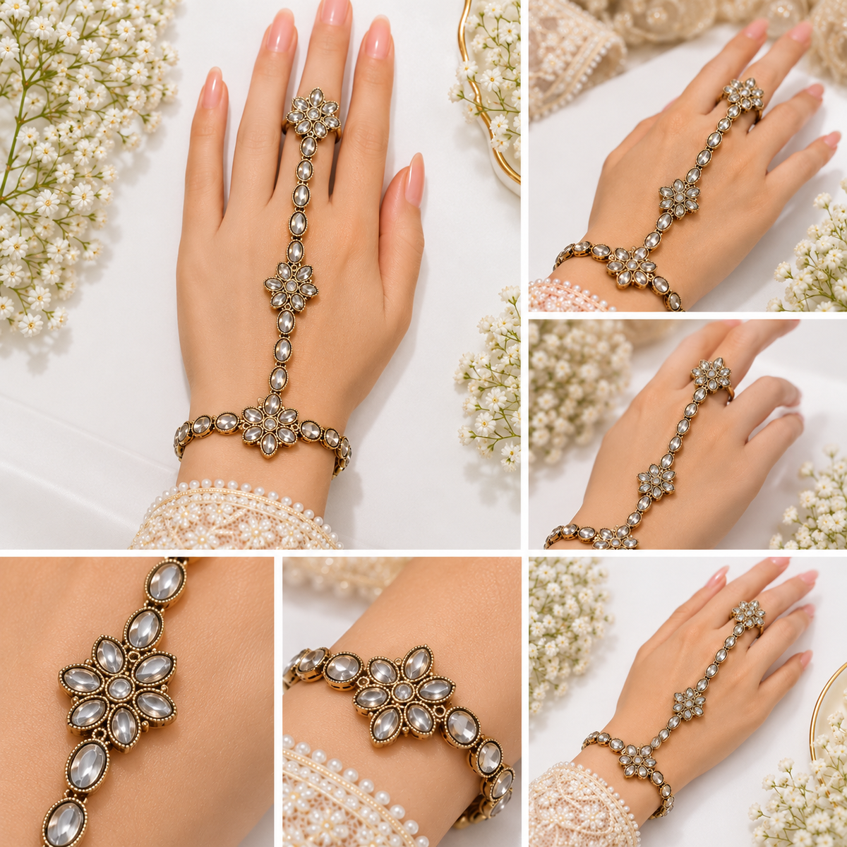 Floral Kaf Bracelet Set of 2 Pieces with Connected Ring | طقم كف خليجي بتصميم زهري من قطعتين مع خاتم متصل بسوار