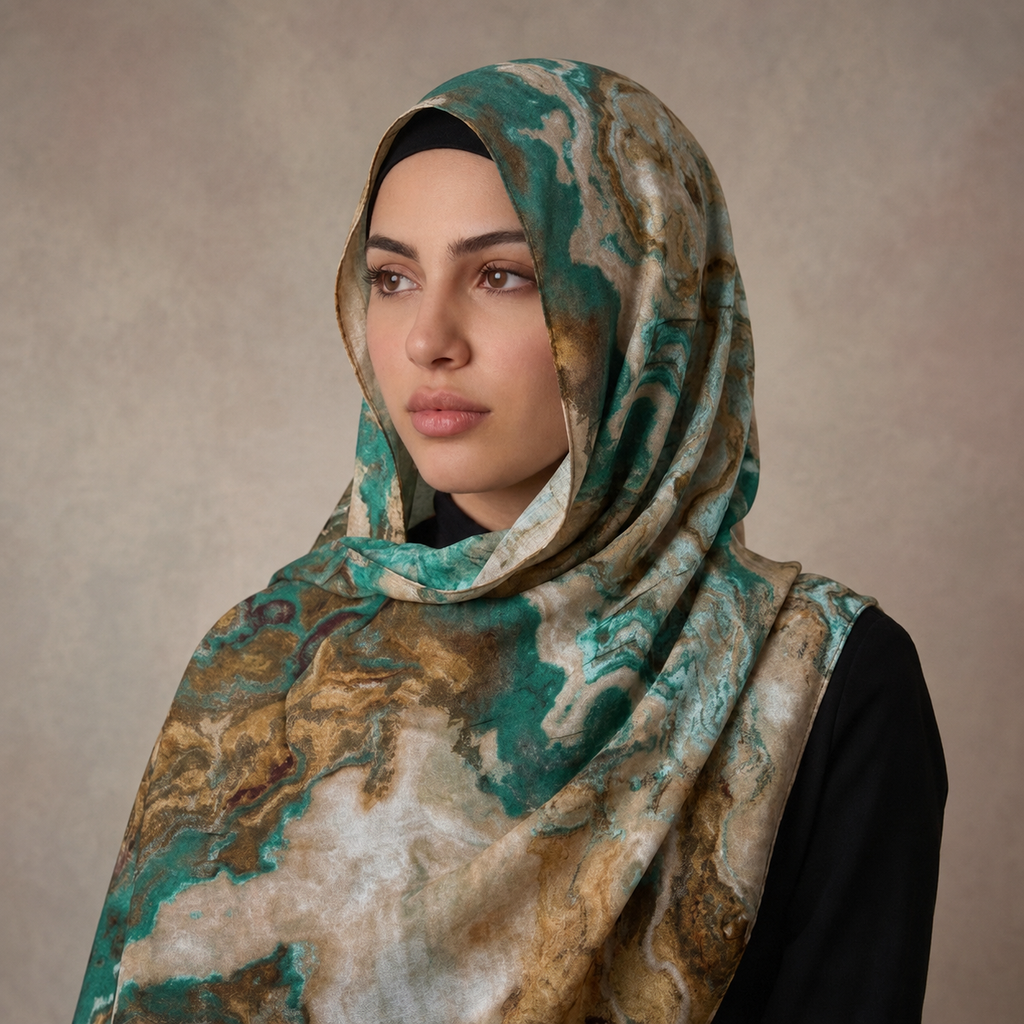 Premium Digital Print Modal Shayla – Emerald Green Marble Design | شيلة مودال فاخرة بطباعة رقمية – تصميم رخامي أخضر زمردي