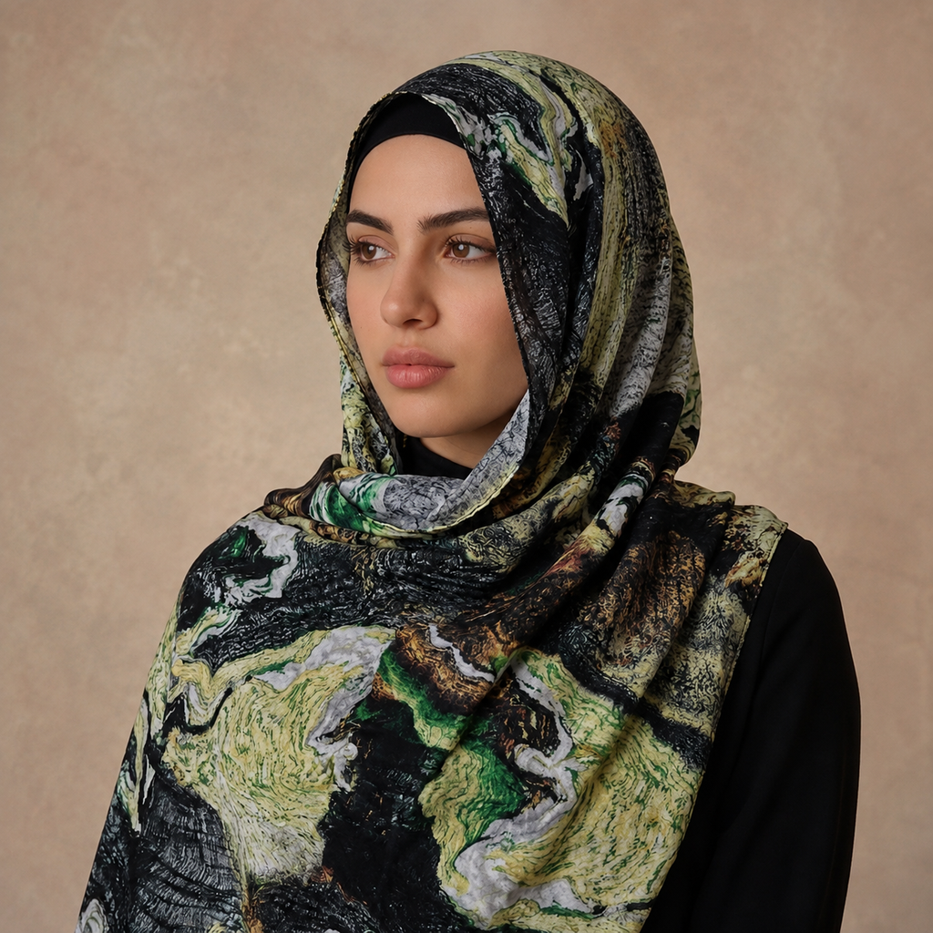 Premium Digital Print Modal Shayla – Forest Green Marble Design | شيلة مودال فاخرة بطباعة رقمية – تصميم رخامي أخضر غابة
