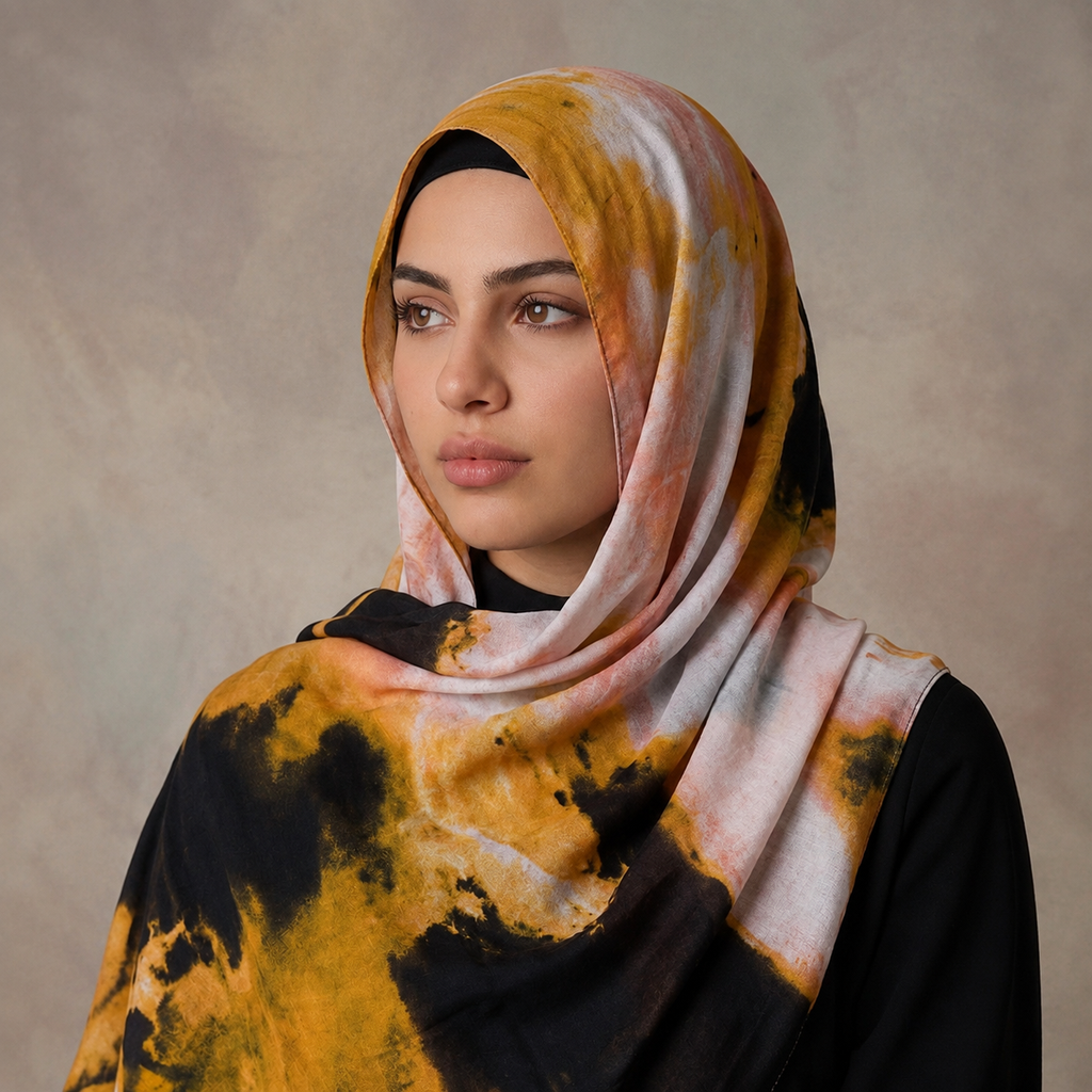 Premium Digital Print Modal Shayla – Mustard Sunset Abstract Design | شيلة مودال فاخرة بطباعة رقمية – تصميم تجريدي بدرجات الخردلي والغروب