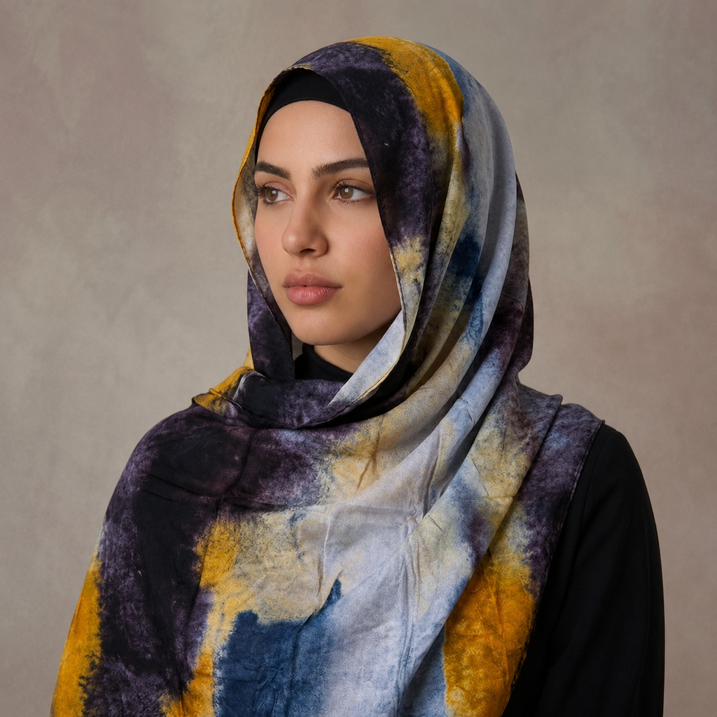 Premium Digital Print Modal Shayla – Midnight Blue & Mustard Abstract Design | شيلة مودال فاخرة بطباعة رقمية – تصميم تجريدي بالأزرق الليلي والخردلي