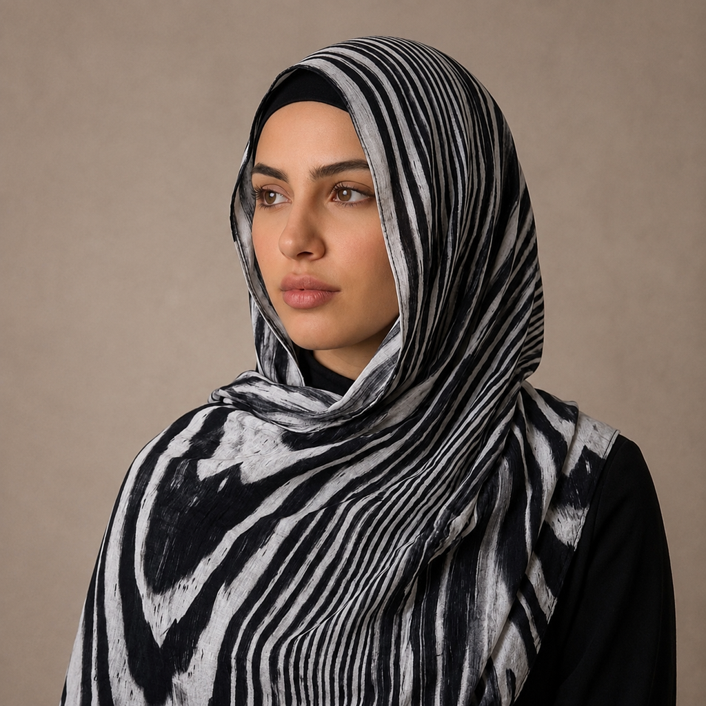 Premium Digital Print Modal Shayla – Monochrome Zebra Stripe Design | شيلة مودال فاخرة بطباعة رقمية – تصميم خطوط زيبرا بالأبيض والأسود
