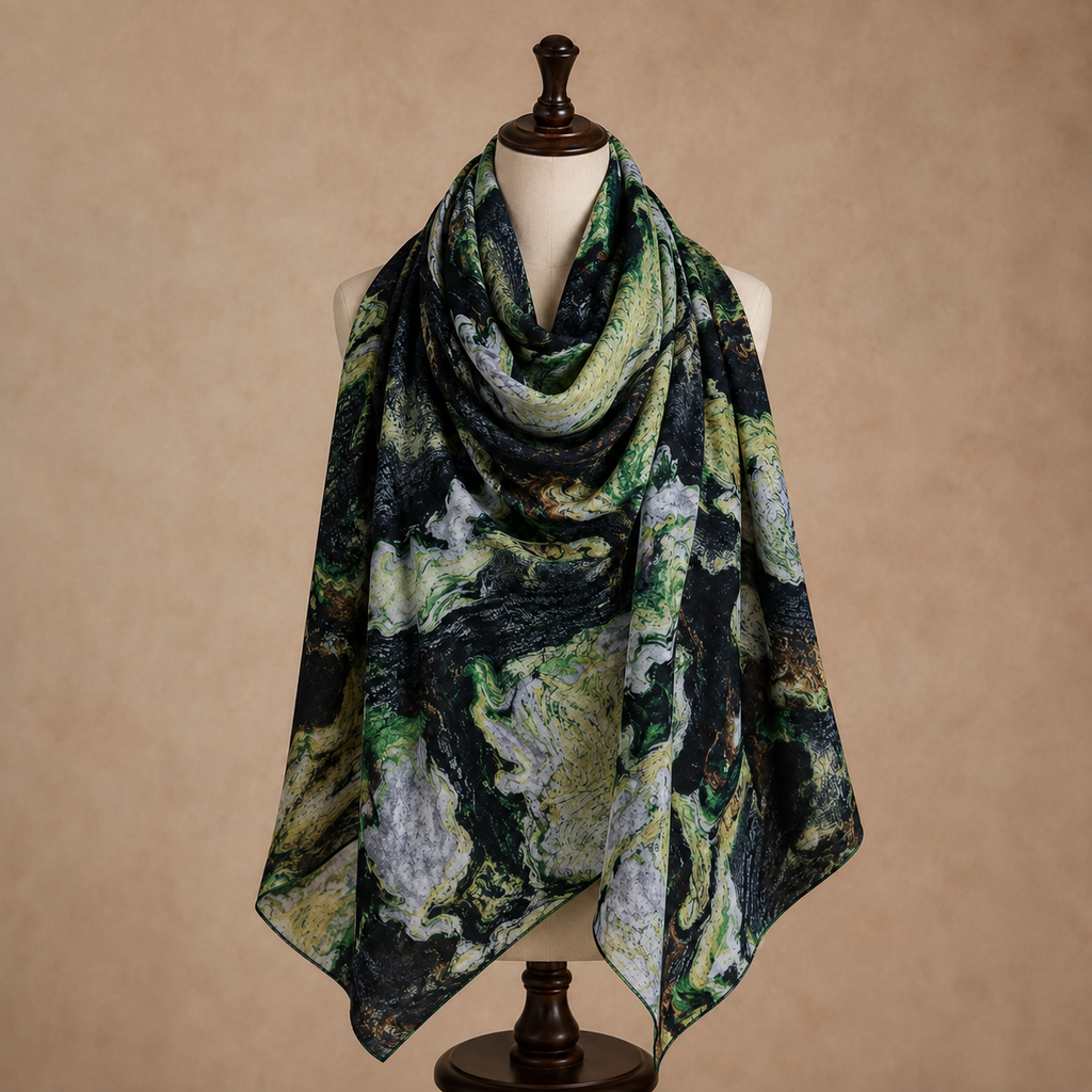 Premium Digital Print Modal Shayla – Forest Green Marble Design | شيلة مودال فاخرة بطباعة رقمية – تصميم رخامي أخضر غابة