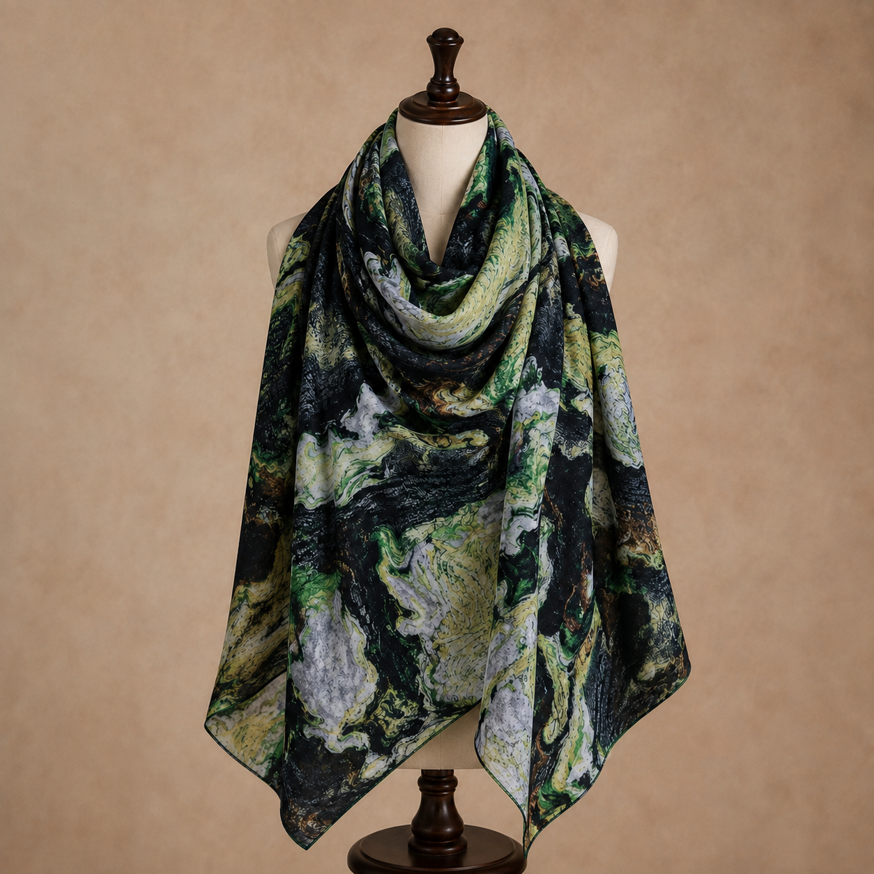 Premium Digital Print Modal Shayla – Forest Green Marble Design | شيلة مودال فاخرة بطباعة رقمية – تصميم رخامي أخضر غابة