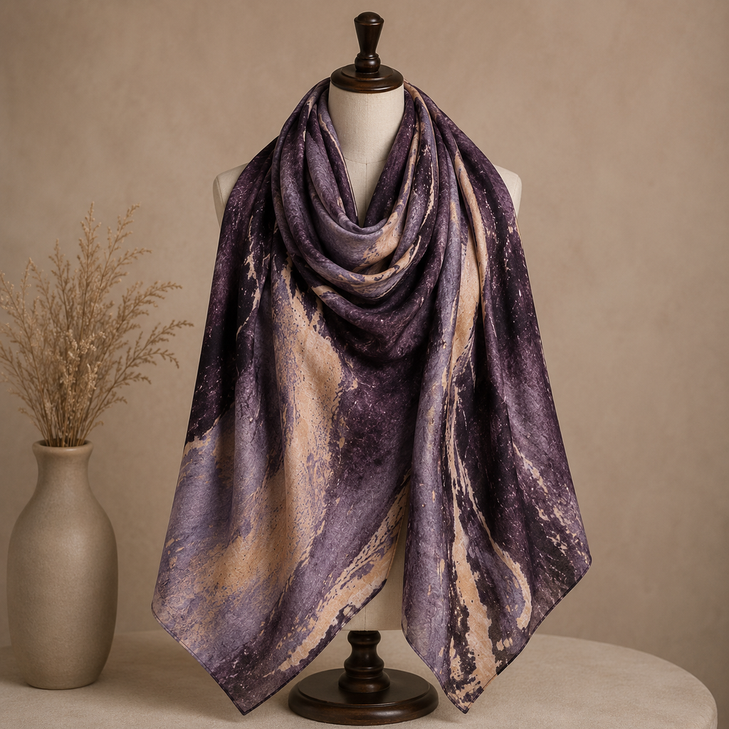 Premium Digital Print Modal Shayla – Plum Marble Design | شيلة مودال فاخرة بطباعة رقمية – تصميم رخامي بلون البرقوق