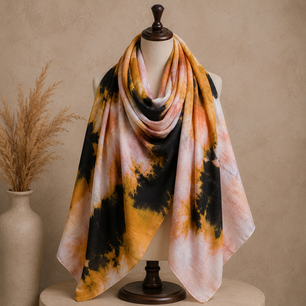 Premium Digital Print Modal Shayla – Mustard Sunset Abstract Design | شيلة مودال فاخرة بطباعة رقمية – تصميم تجريدي بدرجات الخردلي والغروب