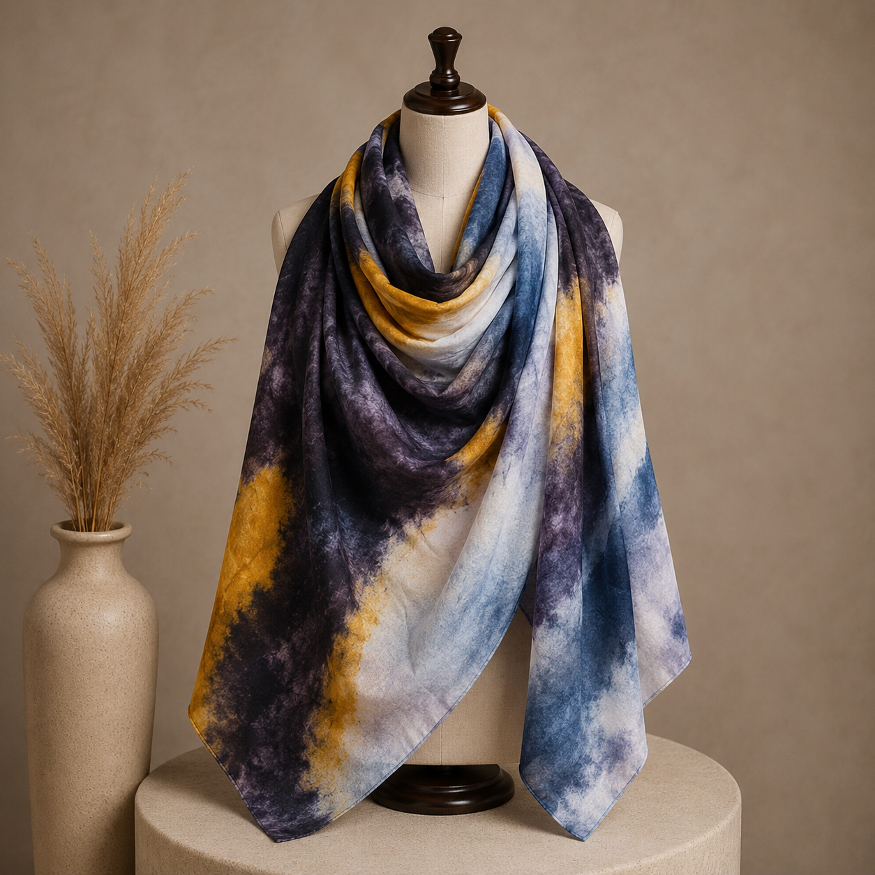 Premium Digital Print Modal Shayla – Midnight Blue & Mustard Abstract Design | شيلة مودال فاخرة بطباعة رقمية – تصميم تجريدي بالأزرق الليلي والخردلي