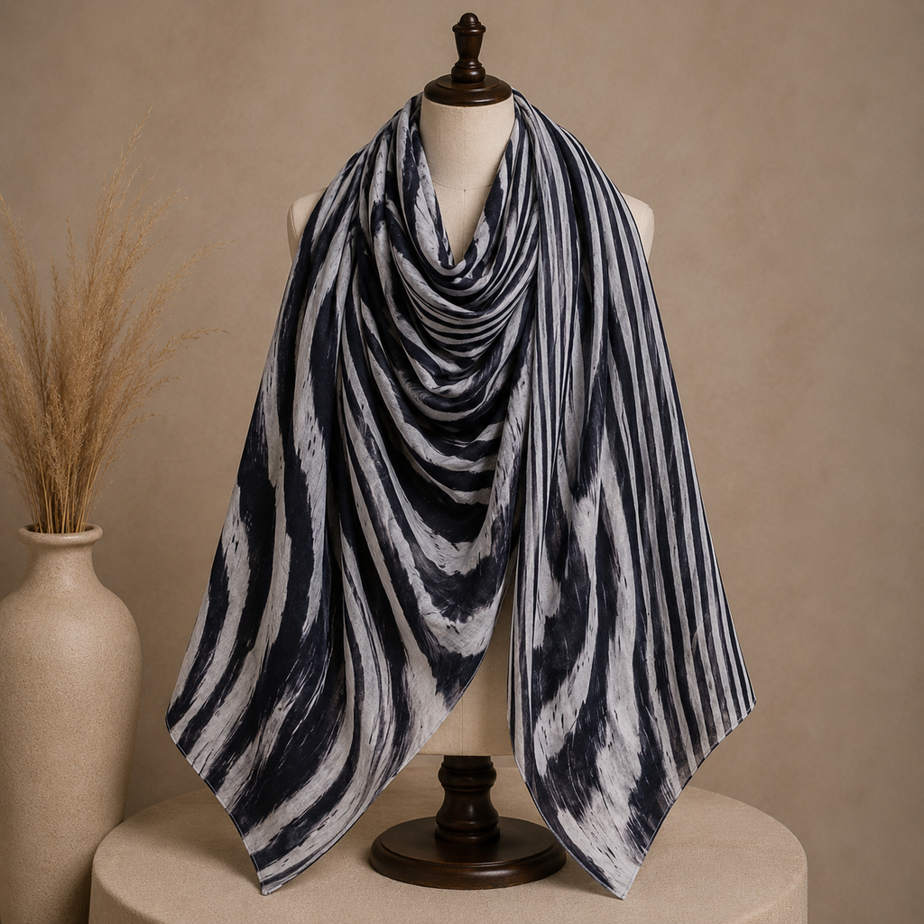 Premium Digital Print Modal Shayla – Monochrome Zebra Stripe Design | شيلة مودال فاخرة بطباعة رقمية – تصميم خطوط زيبرا بالأبيض والأسود