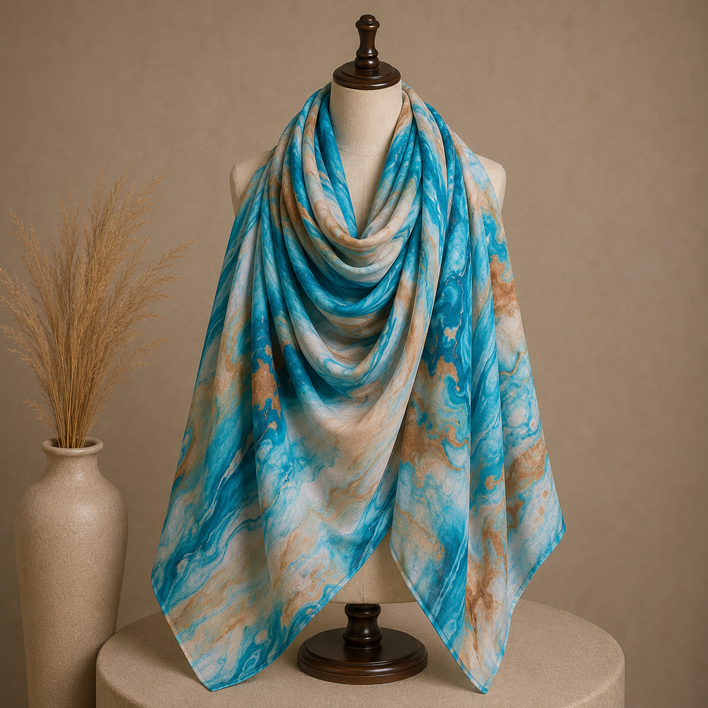 Premium Digital Print Modal Shayla – Ocean Blue Marble Design | شيلة مودال فاخرة بطباعة رقمية – تصميم رخامي باللون الأزرق المحيطي