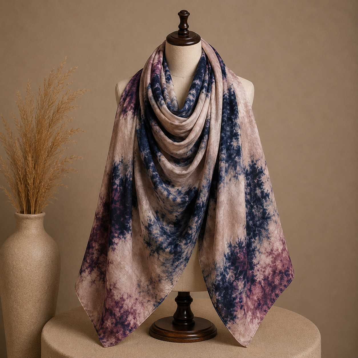 Premium Digital Print Modal Shayla – Blush Beige & Midnight Blue Abstract Design | شيلة مودال فاخرة بطباعة رقمية – تصميم تجريدي بدرجات البيج الوردي والأزرق الليلي